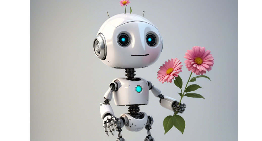 Kind robot holding flowers