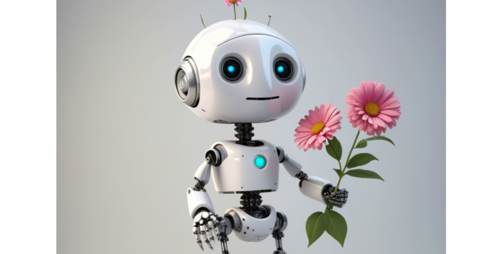 Kind robot holding flowers