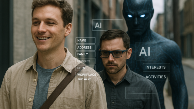 Men walking with augmented reality lay-over and AI (a black android robot) walking behind the two men.