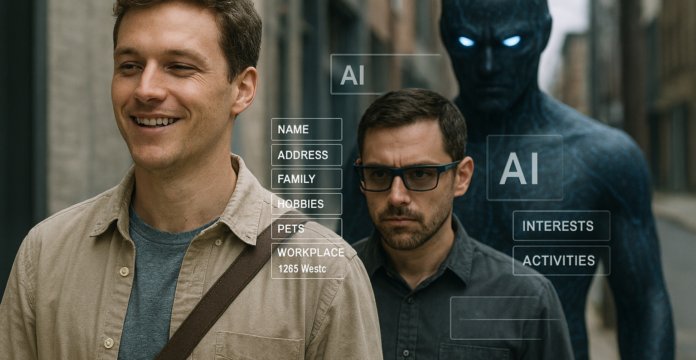 Men walking with augmented reality lay-over and AI (a black android robot) walking behind the two men.