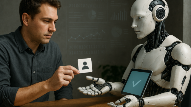 Man handing a robot an image of a silhouette human