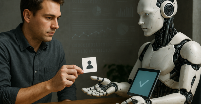 Man handing a robot an image of a silhouette human