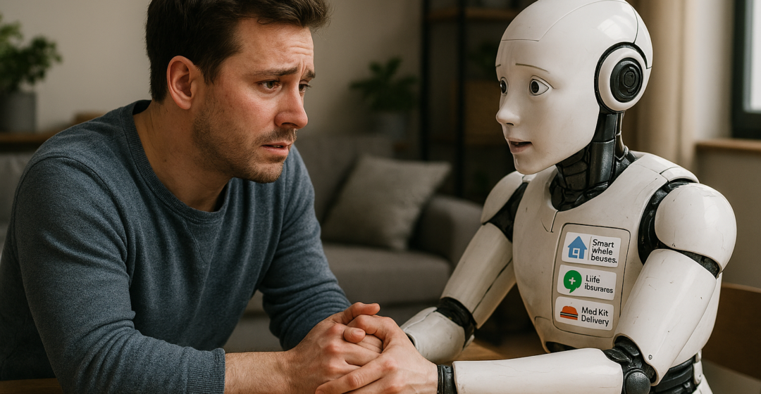 Man sitting at table holding hands with emotional robot.