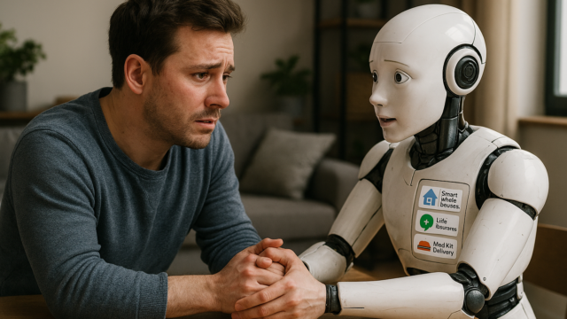 Man sitting at table holding hands with emotional robot.