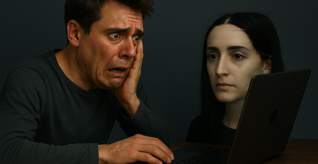 Man terrified by moving portrait