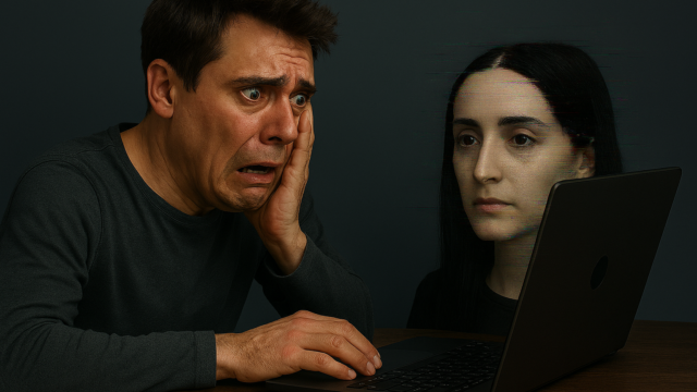 Man terrified by moving portrait