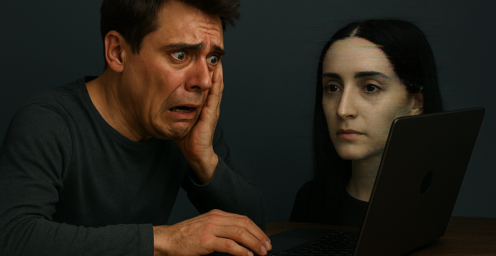 Man terrified by moving portrait