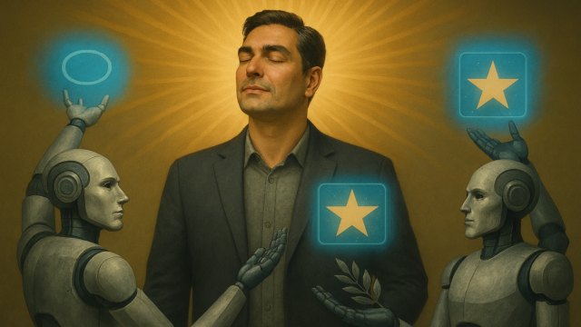 Man with a bright aura around him being treated by robots.