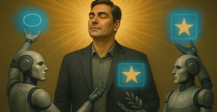 Man with a bright aura around him being treated by robots.