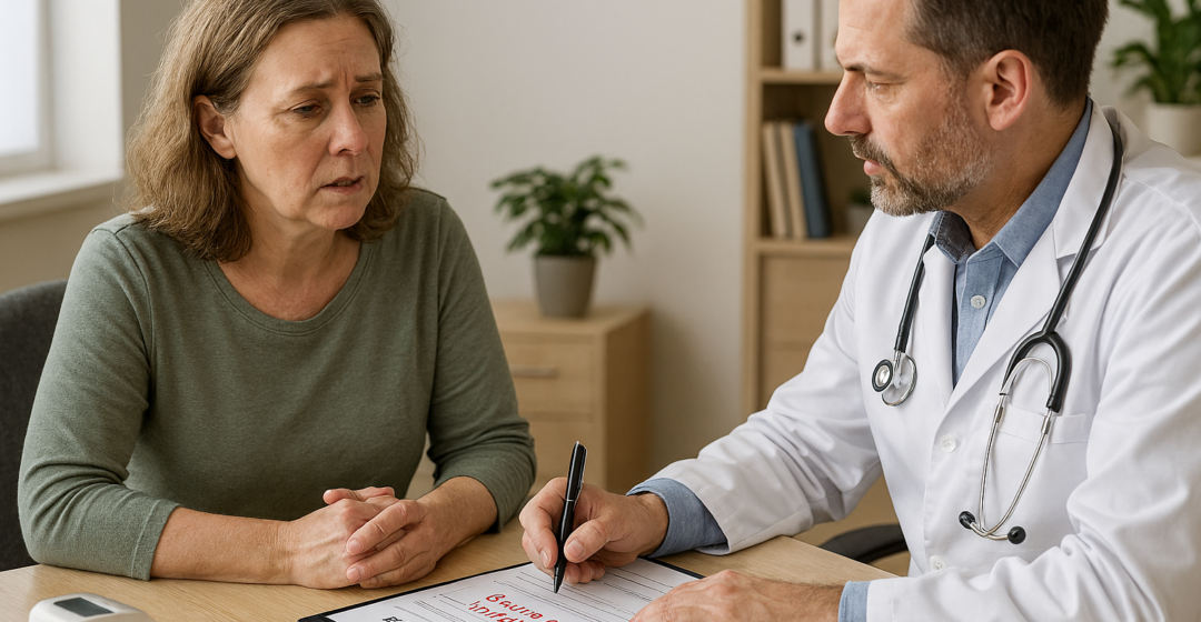 A man doctor and a woman patient sitting at a table taking notes - medical records