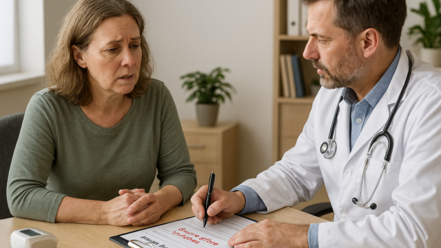 A man doctor and a woman patient sitting at a table taking notes - medical records