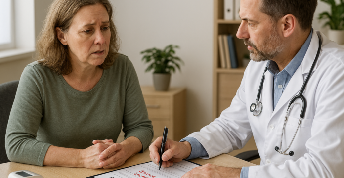 A man doctor and a woman patient sitting at a table taking notes - medical records