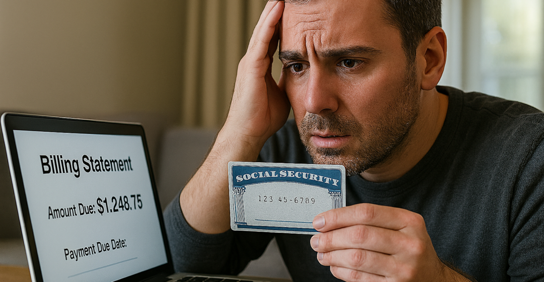 Man holding identity card in front of computer screen looking perplexed.
