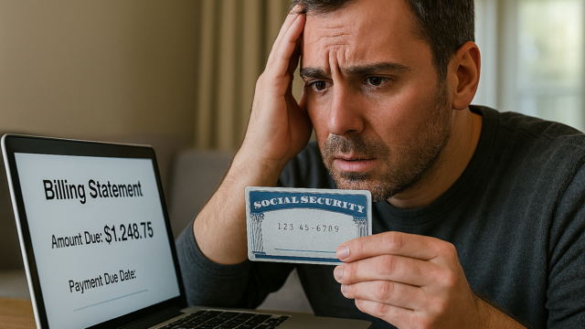 Man holding identity card in front of computer screen looking perplexed.