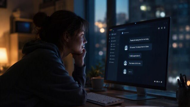 Woman smiling at an AI conversation