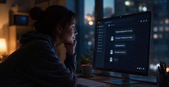 Woman smiling at an AI conversation