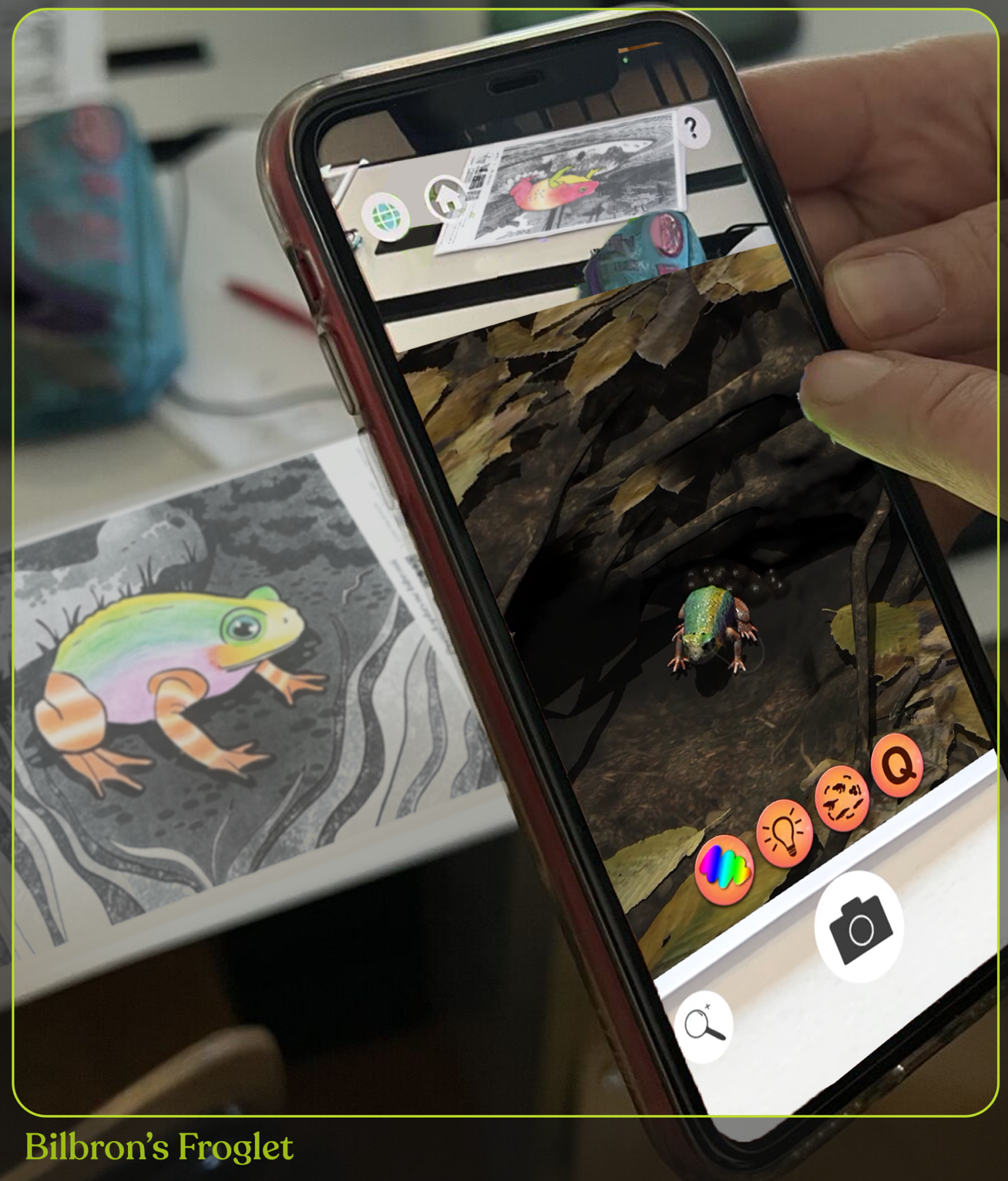 Picture of someone holding a tablet over a colouring in picture of a Bibrans toadlet