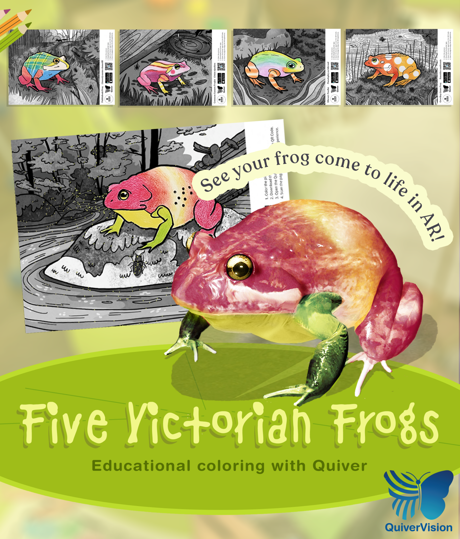 Colourful title page of five Victorian frogs