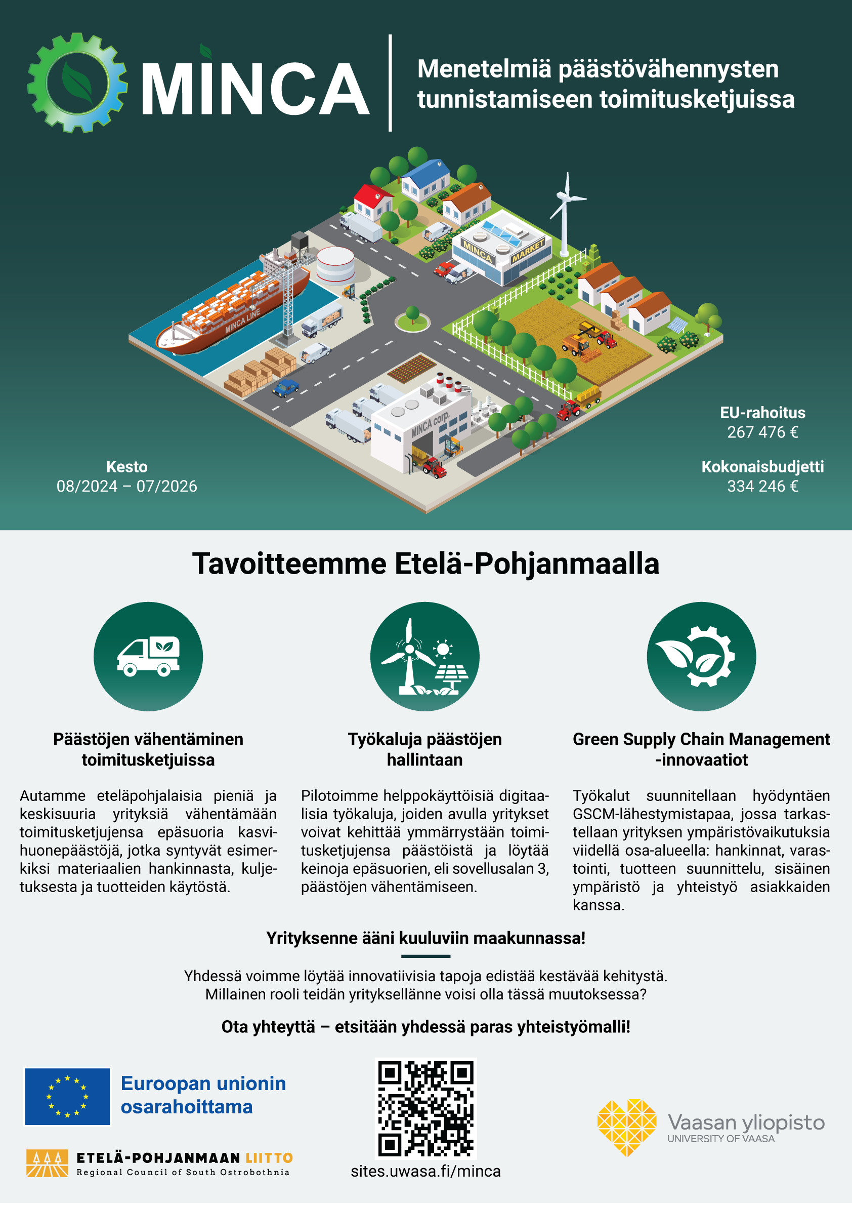 MINCA-hankkeen posteri, joka kuvaa toimitusketjua pellolta, tehtaan kautta jakelujärjestelmän avulla eri käyttökohteisiin.