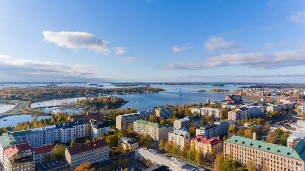 Aerial picture of the city of Vaasa showing the city and the waterfront.