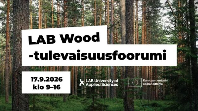 Kuvassa LAB Wood -tulevaisuusfoorumin esittelykuva, jossa on mäntyjä taustalla.
