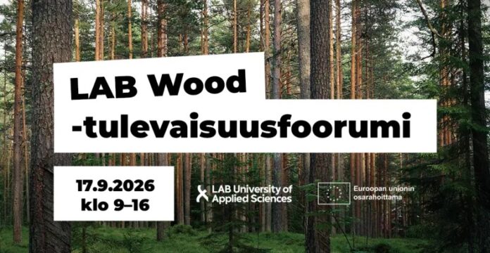 Kuvassa LAB Wood -tulevaisuusfoorumin esittelykuva, jossa on mäntyjä taustalla.