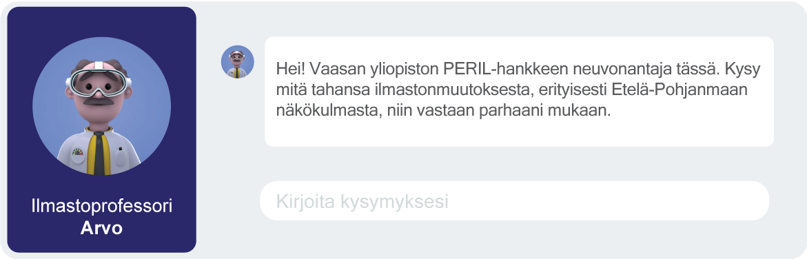 Ilmastoprofessori-Arvon hahmo sekä chatbotin keskustelua imitoiva tervetulotoivotus sekä kysymyksen kirjoittamisruutu