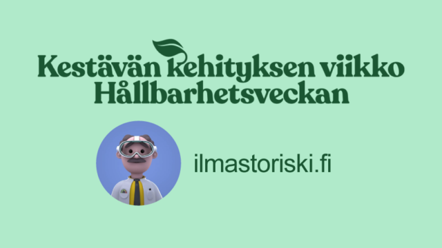 Kestävän kehityksen viikko -teksti sekä ilmastoprofessori Arvon animaatiohahmo.