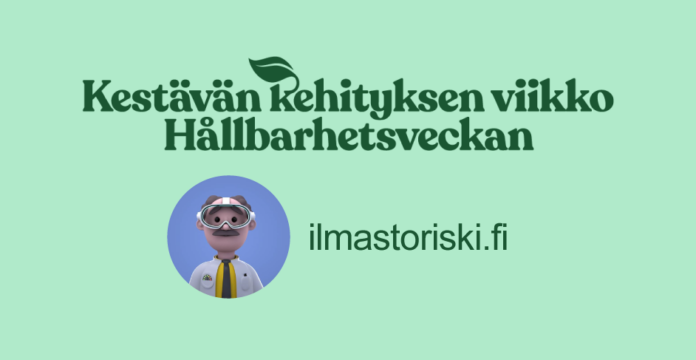 Kestävän kehityksen viikko -teksti sekä ilmastoprofessori Arvon animaatiohahmo.