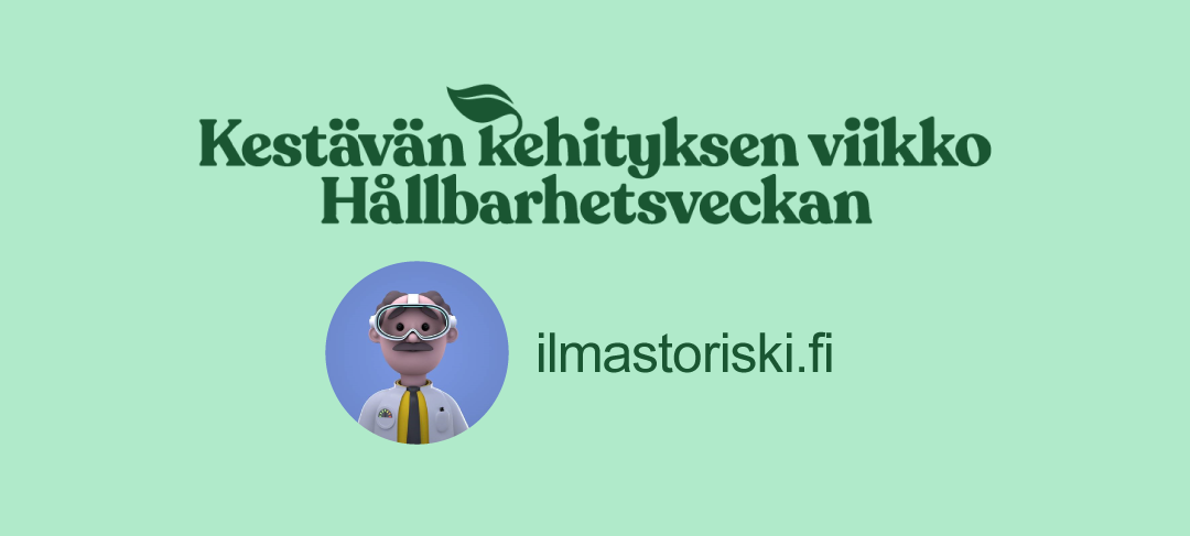 Kestävän kehityksen viikko -teksti sekä ilmastoprofessori Arvon animaatiohahmo.