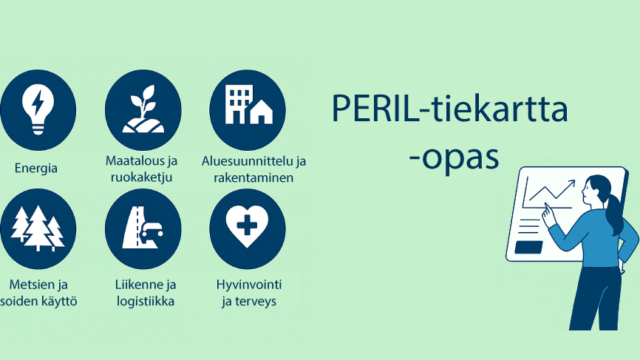 Havainnollistava piirroskuva, jossa esitetään Etelä-Pohjanmaan ilmastonmuutokseen sopeutumista tukevia digitaalisia ratkaisuja. Kuvassa viitataan toimijoihin, kuten kuntapäättäjät, yritykset ja kansalaiset, jotka käyttävät digitaalisia välineitä, kuten karttapalveluita, tekoälysovelluksia ja tilannekuva-alustoja. Taustalla symboloidaan ilmastoriskejä, kuten myrskyjä ja tulvia, sekä yhteistyötä ja tiedon jakamista teknologian avulla.