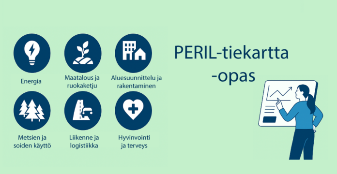 Havainnollistava piirroskuva, jossa esitetään Etelä-Pohjanmaan ilmastonmuutokseen sopeutumista tukevia digitaalisia ratkaisuja. Kuvassa viitataan toimijoihin, kuten kuntapäättäjät, yritykset ja kansalaiset, jotka käyttävät digitaalisia välineitä, kuten karttapalveluita, tekoälysovelluksia ja tilannekuva-alustoja. Taustalla symboloidaan ilmastoriskejä, kuten myrskyjä ja tulvia, sekä yhteistyötä ja tiedon jakamista teknologian avulla.