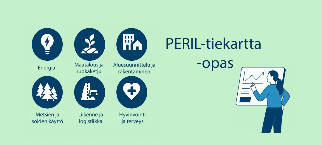 Havainnollistava piirroskuva, jossa esitetään Etelä-Pohjanmaan ilmastonmuutokseen sopeutumista tukevia digitaalisia ratkaisuja. Kuvassa viitataan toimijoihin, kuten kuntapäättäjät, yritykset ja kansalaiset, jotka käyttävät digitaalisia välineitä, kuten karttapalveluita, tekoälysovelluksia ja tilannekuva-alustoja. Taustalla symboloidaan ilmastoriskejä, kuten myrskyjä ja tulvia, sekä yhteistyötä ja tiedon jakamista teknologian avulla.