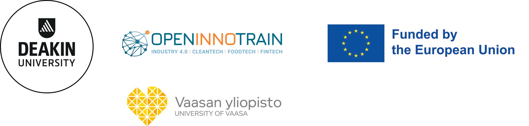 Deakin University logo, Open Innotrain logo, University of Vaasa and EU logo