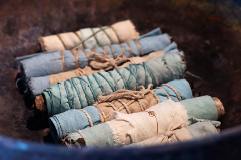 Bound (detail) 2024Cotton, seaweed, twine, birch, copper urn 65 x 22 cm 