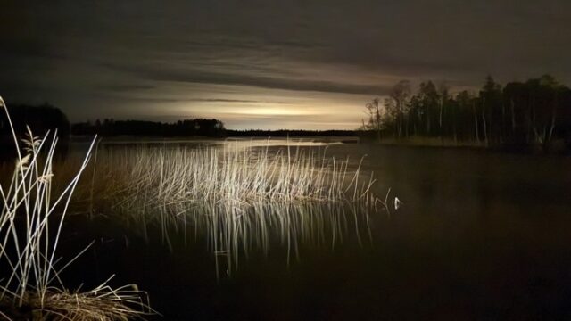 The lake water with a streak of sunlight behind an island