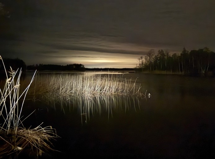 The lake water with a streak of sunlight behind an island