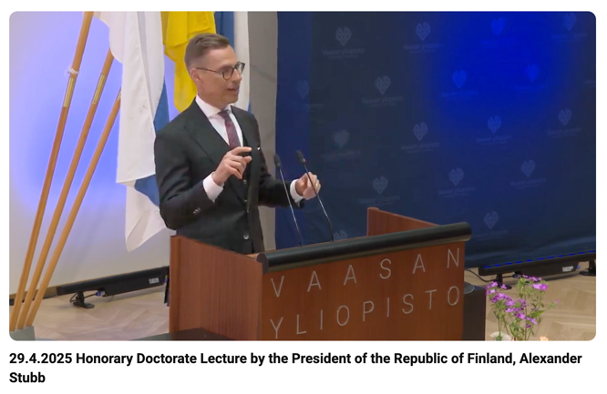 Screenshot of a speech being given by President Alexander Stubb at the University of Vaasa in acceptance of his Honorary Doctorate