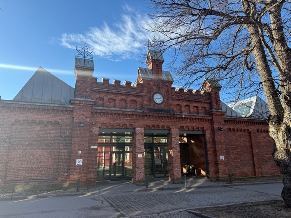 Red brick historical industrial building, entrance to Technobothnia