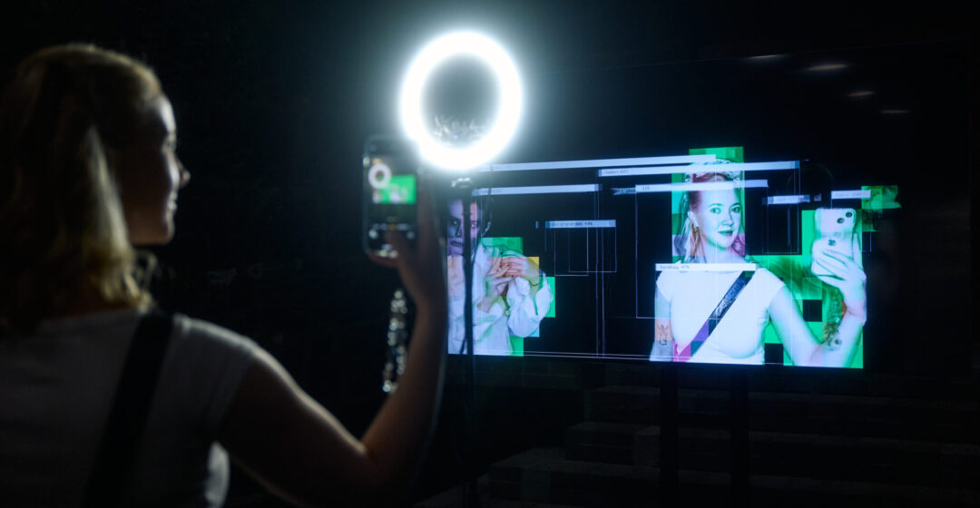 Photography by Sam Jamsen: Nea Kalliomaa interacting with Jurgis Peters' Modern Mythologies