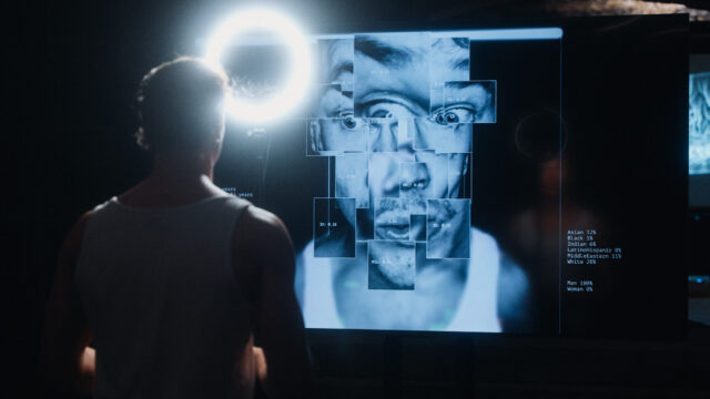 Actor Samuel Kujala looking at his AI-generated image on the screen of Modern Mythologies
