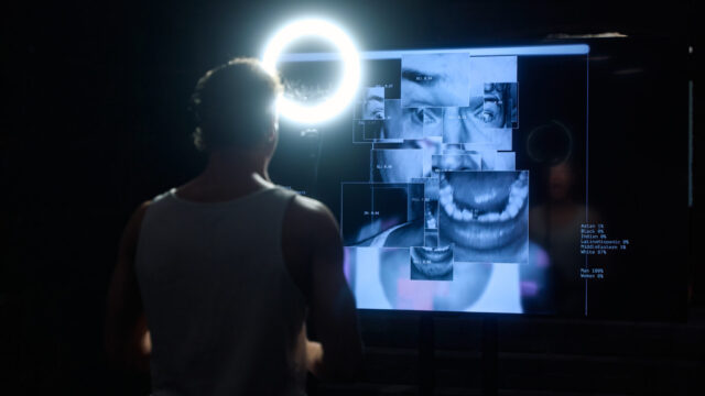 Image of Samuel Kujala performing Modern Mythologies in from of a warped AI moving image of Samuel